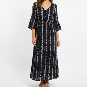 American Eagle Maxi Boho Dress Navy White Floral Ruffle Sleeves Tassel Tie